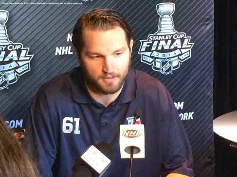 New York Rangers left wing Rick Nash, shown here speaking to the media during the 2014 Stanley Cup Final Media Day at Staples Center in Los Angeles, June 3, 2014.