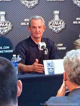 Los Angeles Kings head coach Darryl Sutter, shown here speaking to the media during the 2014 Stanley Cup Final Media Day at Staples Center in Los Angeles, June 3, 2014.