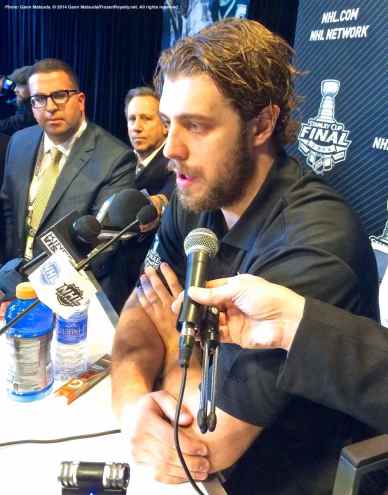 Los Angeles Kings center Anze Kopitar, shown here speaking to the media during the 2014 Stanley Cup Final Media Day at Staples Center in Los Angeles, June 3, 2014.