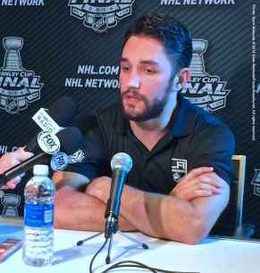 Los Angeles Kings defenseman Alec Martinez, shown here speaking to the media during the 2014 Stanley Cup Final Media Day at Staples Center in Los Angeles, June 3, 2014.