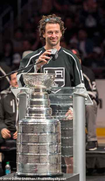 Right wing Justin Williams addresses the crowd inside Staples Center during the LA Kings 2014 Stanley Cup Championship rally